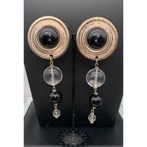 Vintage Rasco Antiqued Silver Tone Chunky Long Dangle Beaded Clip On Earrings